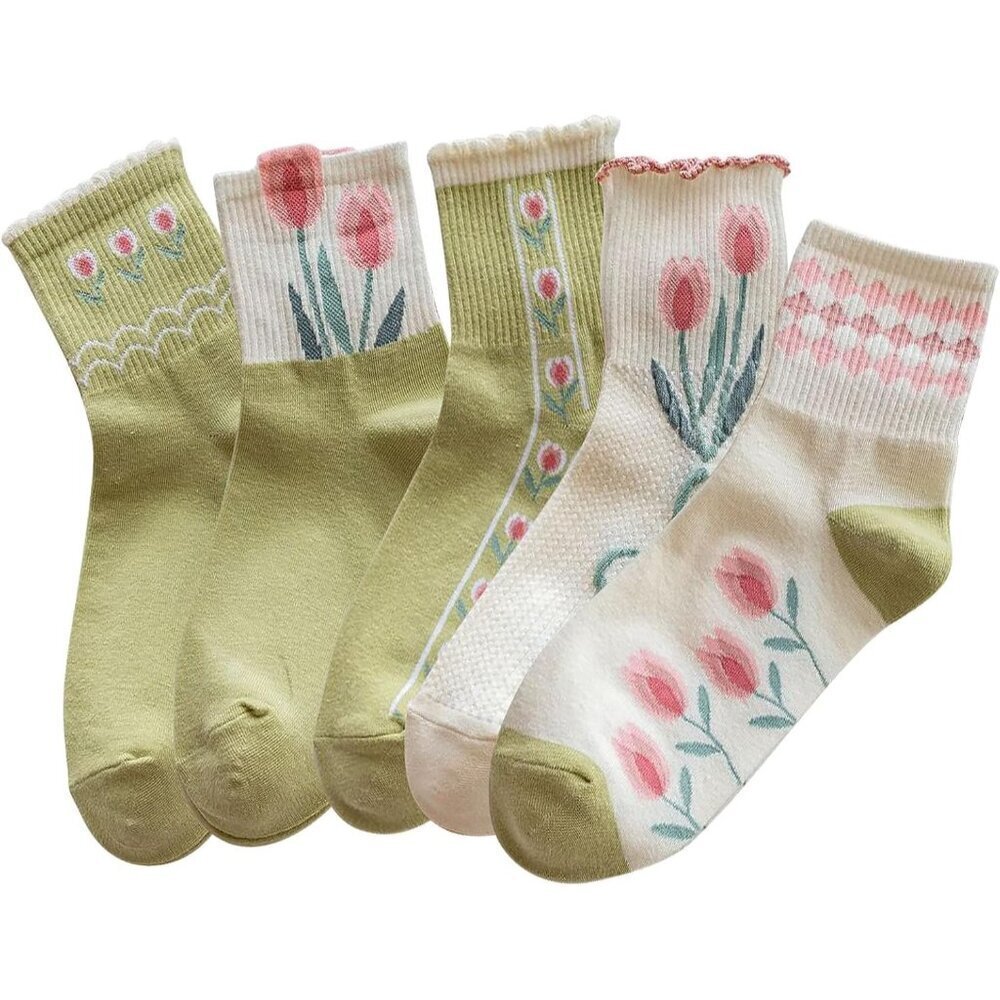 ❤️Womens Floral Socks Cotton Vintage Embroidered Casual Crew Girly Dress Socks